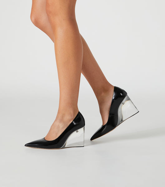Black Tony Bianco Dolly Black Hi Shine/Clear 9.5cm Wedges | ZAICD90528